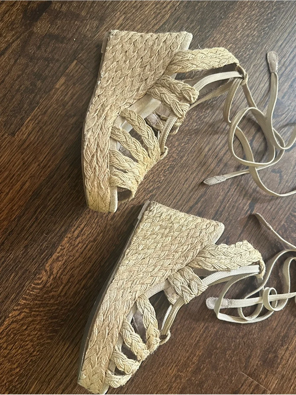 Envy Beige Braided Espadrille Wedge Sandals with Ankle Tie 6.5